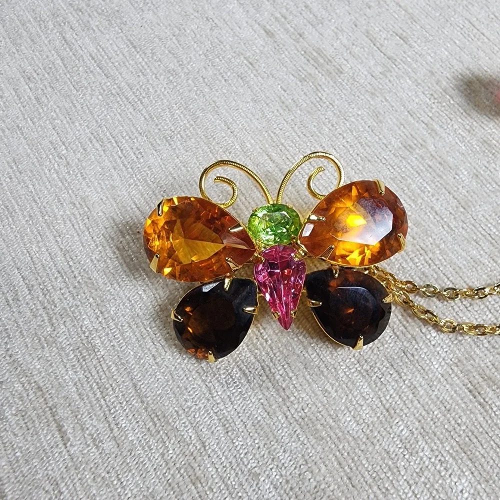Joan Rivers Colorful Double Butterfly Chatelaine Pin Brooch Signed GoldTone
